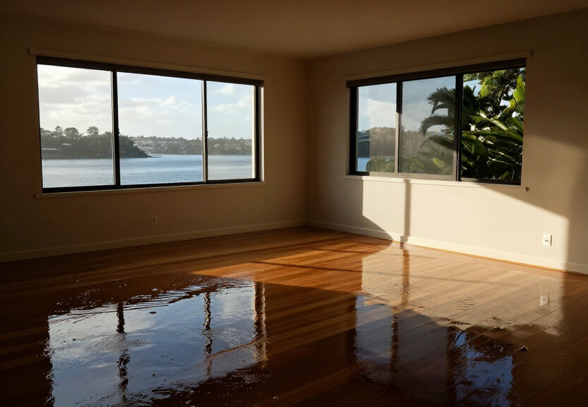 Flooded living room in Kirribilli with water covering timber floors